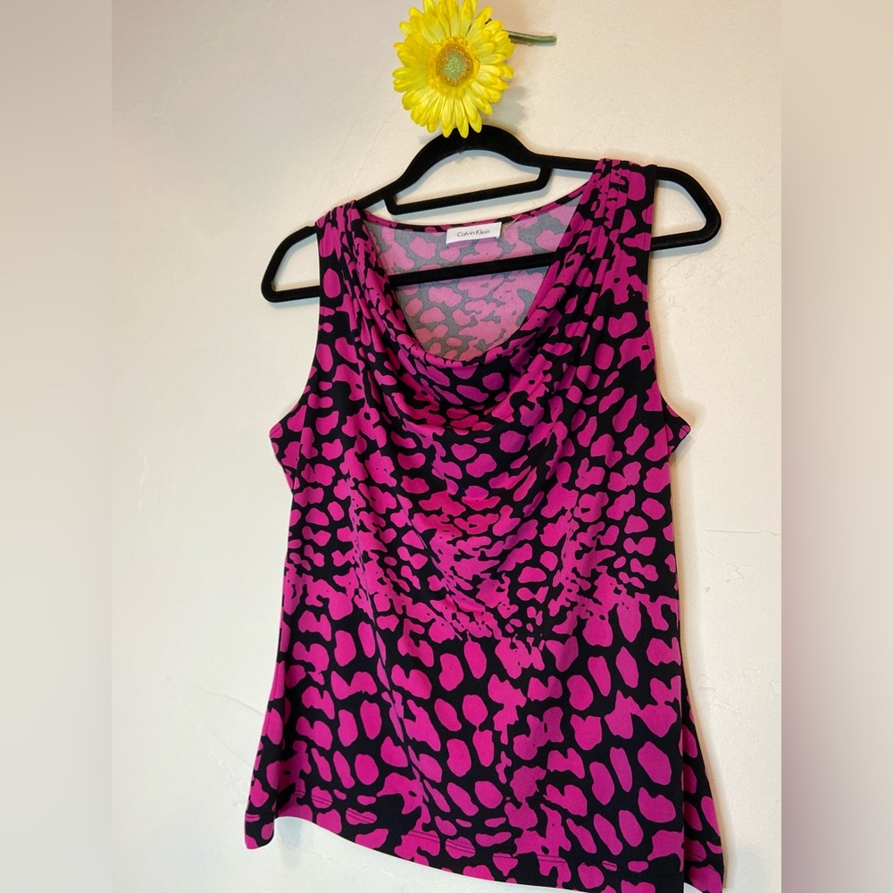 Calvin Klein~Hot Pink & Black Top~Abstract Shapes~Sleeveless~Cowl Neck~Size L